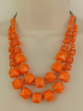 Vibrant Sunset Orange 2 Layer Multifaceted Beaded Silver Tone Gorgeous Necklace
